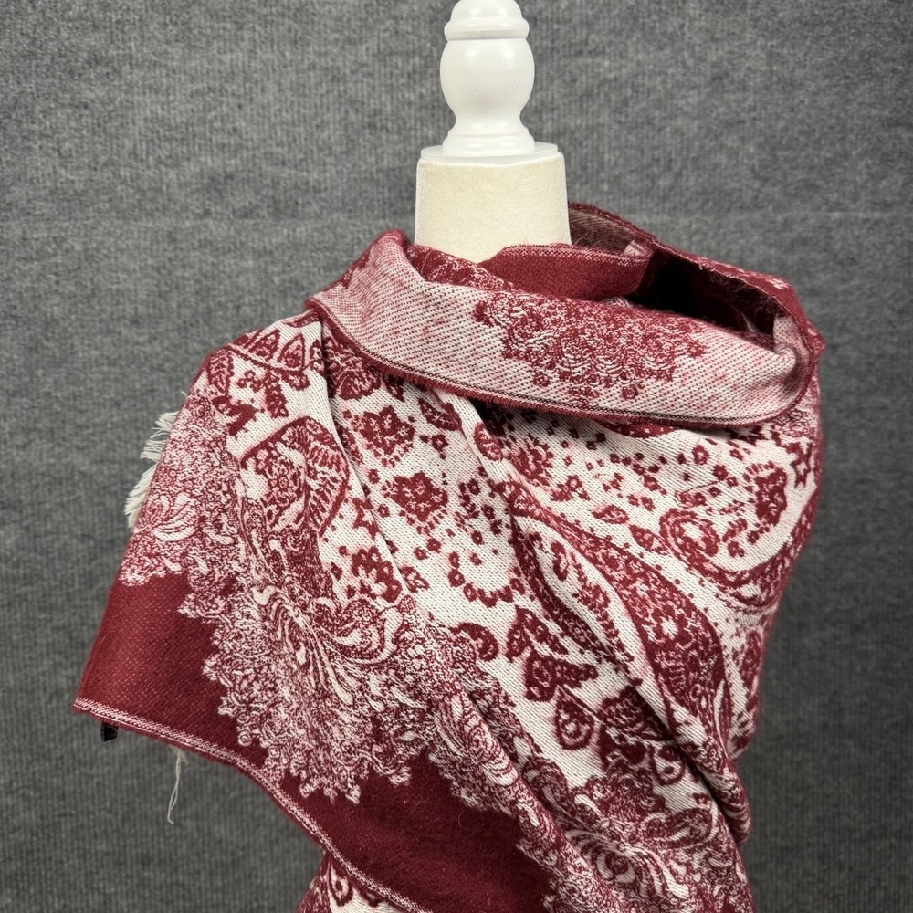 Wool Blend Paisley Wrap Shawl Scarf Preppy Cozy Maroon Burgundy - Picture 4 of 11